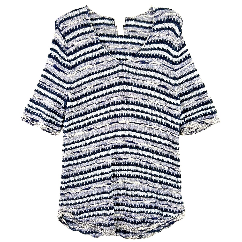 Chico's Women's 3 L Blue Silver Open Knit Blouse Metallic Short Sleeve Pullover